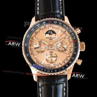 Swiss Replica Breitling Navitimer B19 Chronograph 43 Perpetual Calendar Copper Dial Rose Gold Watch